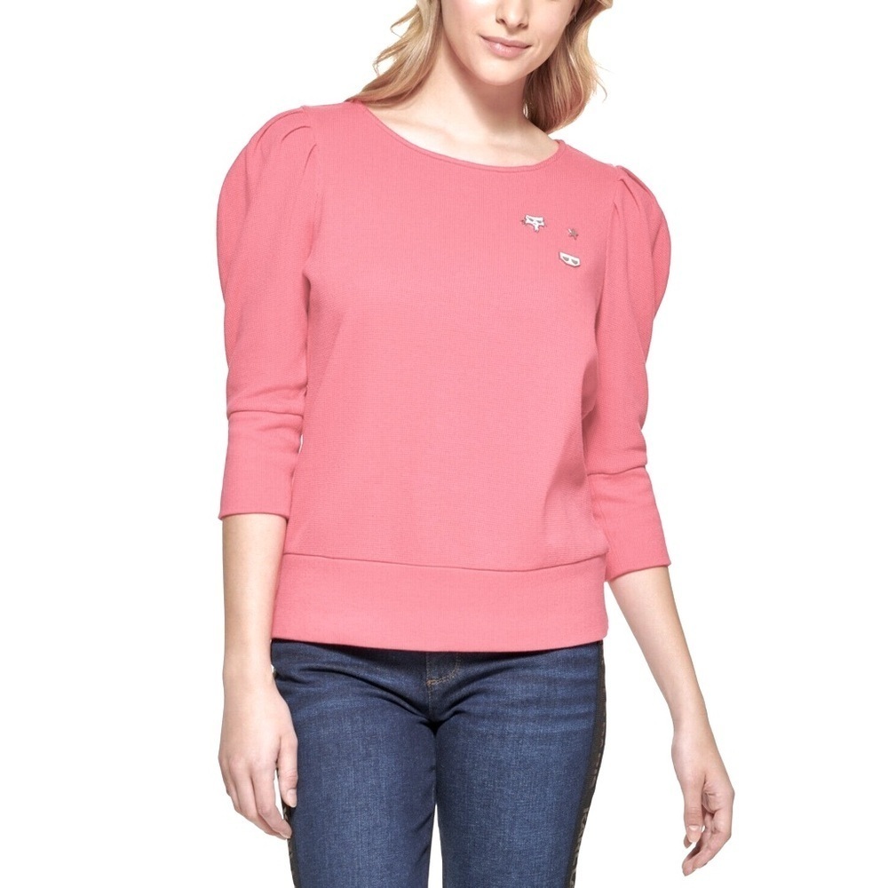 Karl Lagerfeld Paris Puff-Sleeve Logo-Pin Top in Rouge Sz. Medium